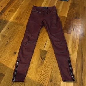 Bershka burgundy coated skinny mid-rise pants